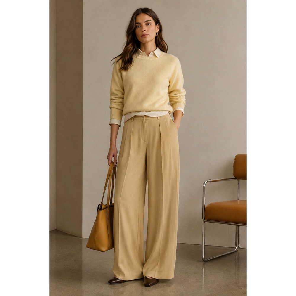 Theory Pleat Trouser Womens 6 Pale Straw Yellow Cady Wide Leg Minimalist Pants